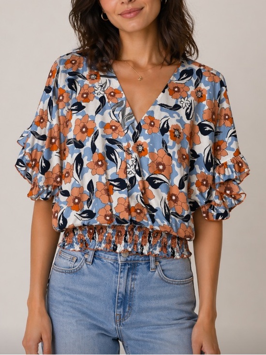 Melloday Tops - < Melloday Floral Ruffle Sleeve Blouse >